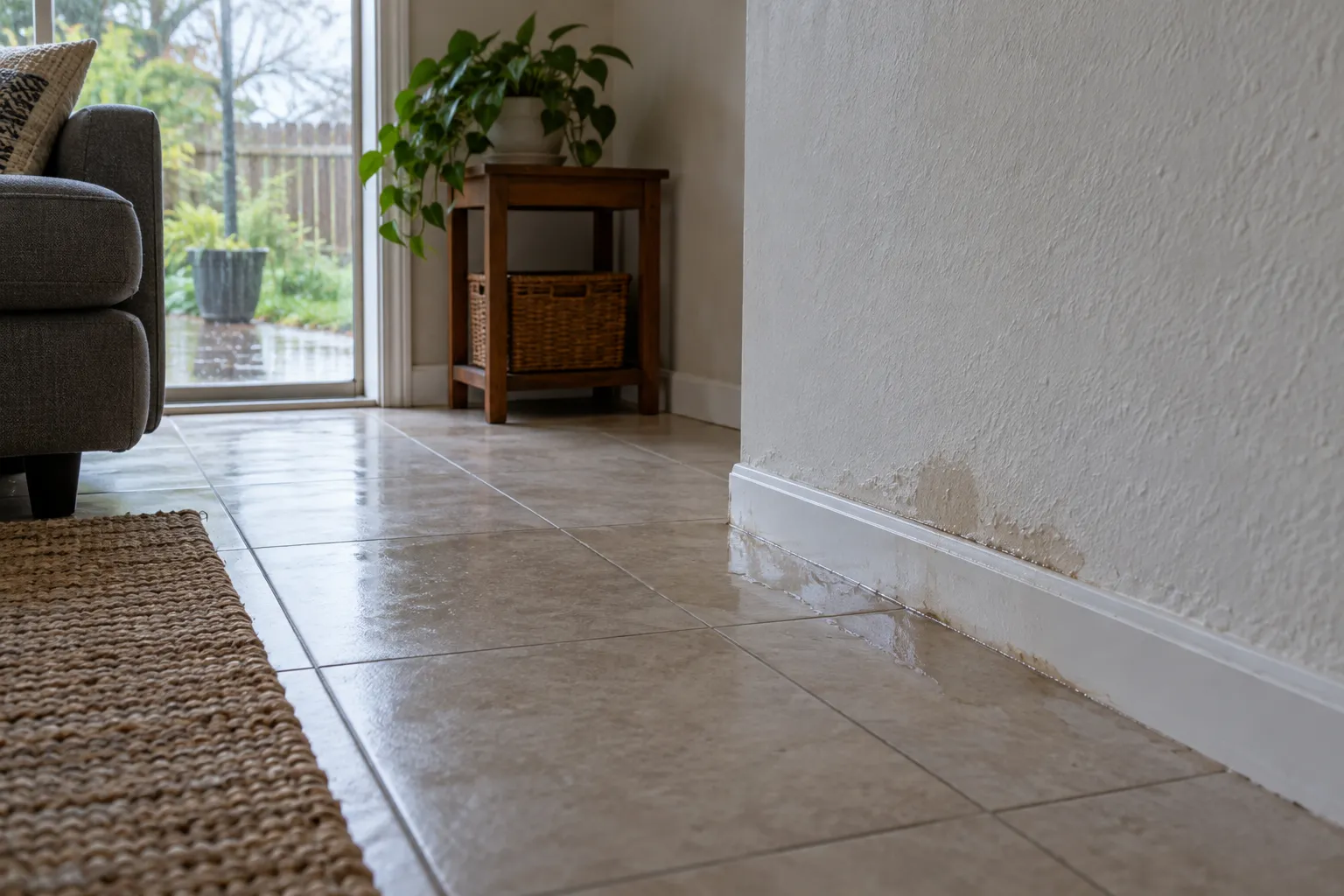 Water damage restoration technician drying a flooded living room in Pensacola